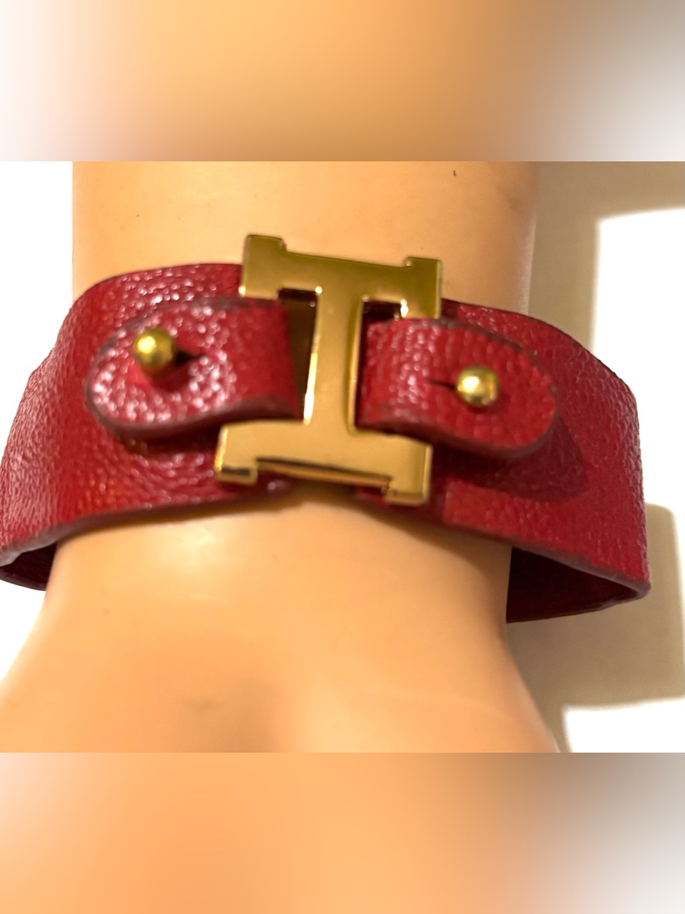 Gold H Buckle Red Leather Bracelet
